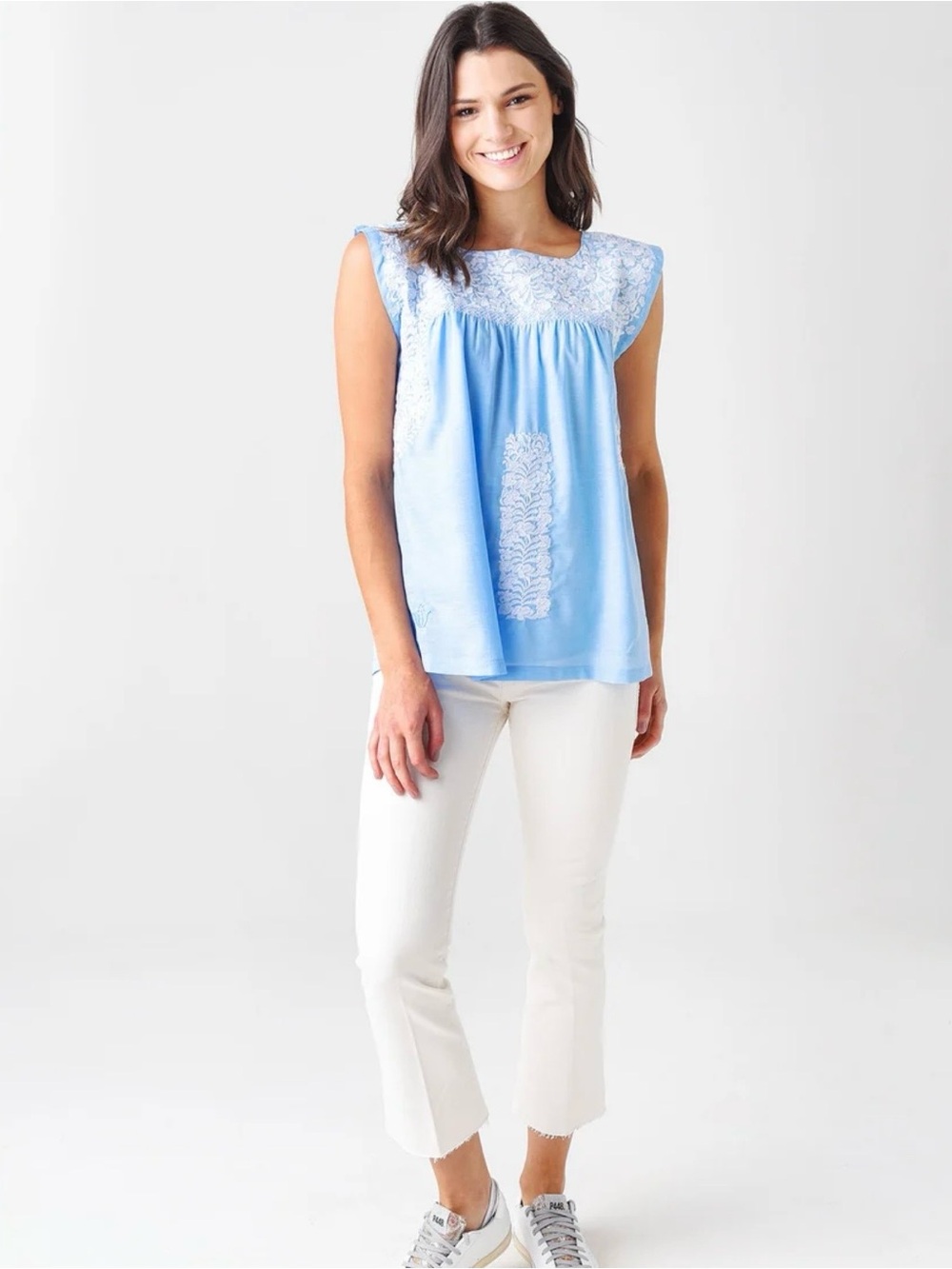 Light Blue Embroidered Cap-Sleeve Tunic Top